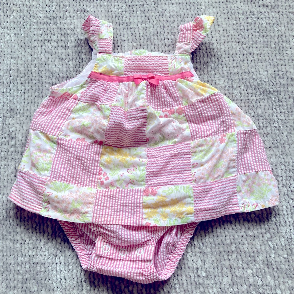 Janie And Jack Patchwork Romper Dress 0-3 Months Floral Seersucker Pink